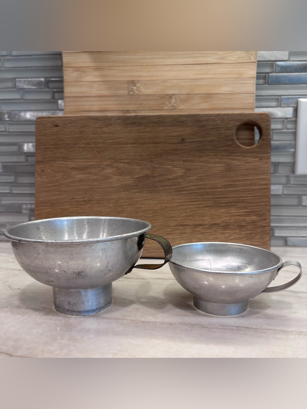 Lot Of 2 Vintage Aluminum Canning Jar Funnels Kitchen Utensil Handles Grannycore